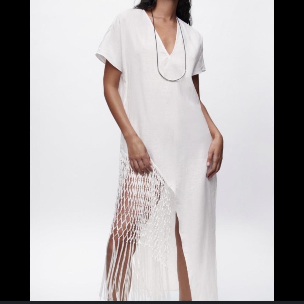 Like New Zara 100% Linen Fringed Macrame White Dr… - image 2